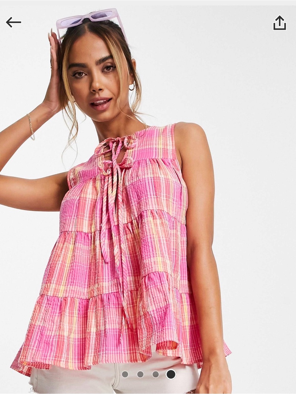 ASOS Design Pink Plaid Tiered Sleeveless Tie-Neck Top